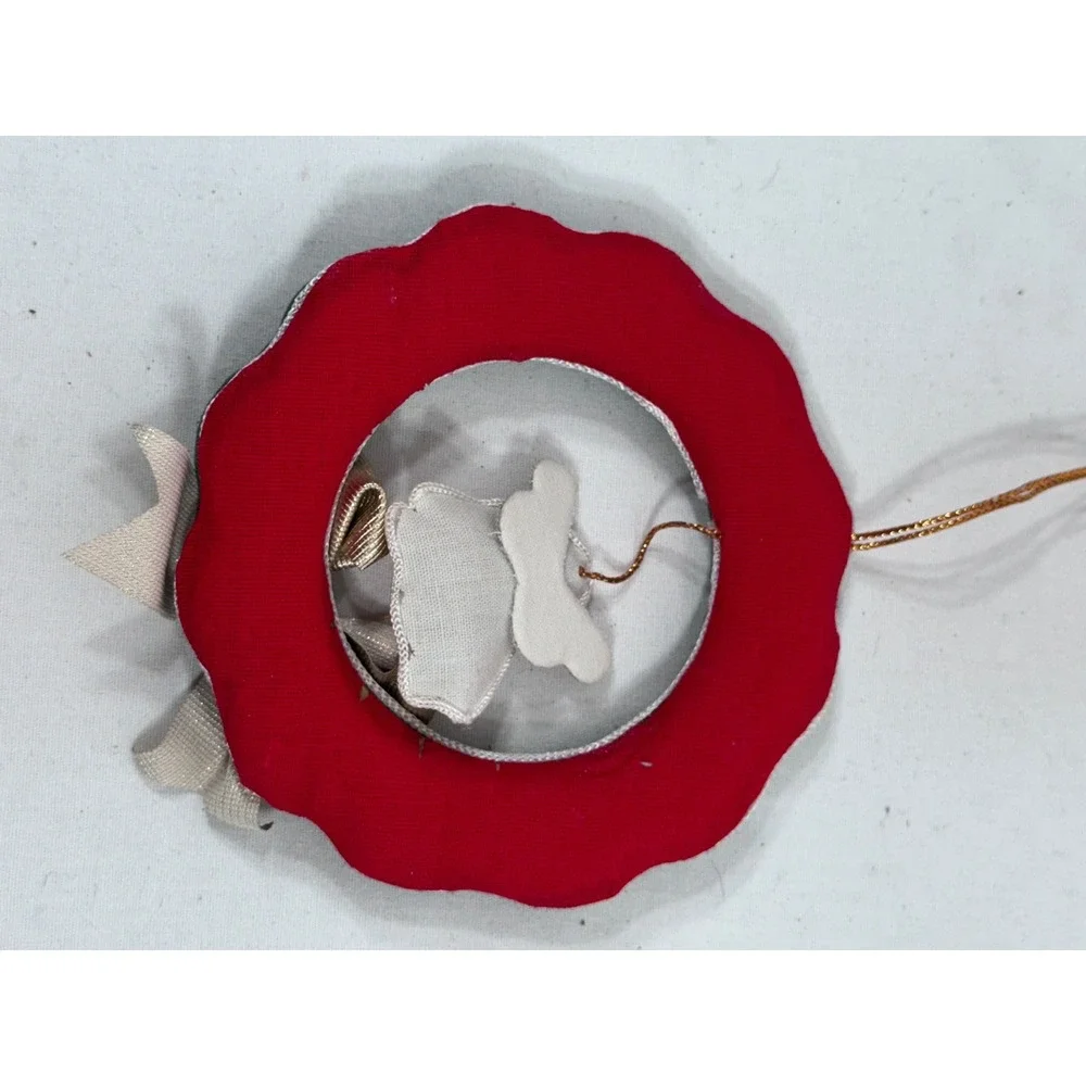 Handmade Vintage Christmas Wreath Ornament Green Red Fabric Angel Gold Bow 3.5